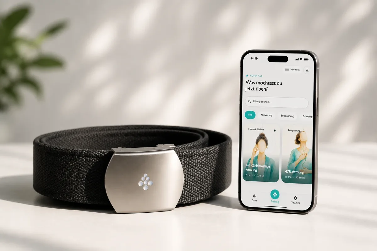 Atemgürtel von Deep Breath neben einem Smartphone mit der zugehörigen App